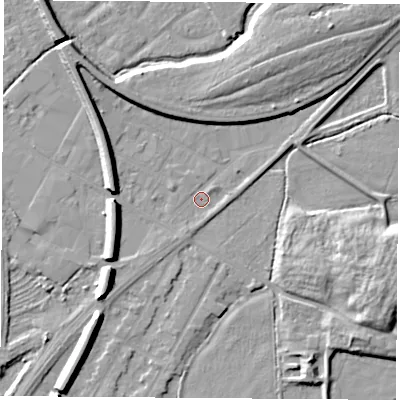 Shaded relief map of the ground around NG102FN, computed from Environment Agency LiDAR. The ground here sits at about 28 m above sea level and falls 9 m across the surrounding 800 m. Surface water reaching this point runs off ground lying to the south-west, 7.3 m higher.