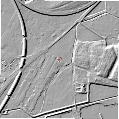 Shaded relief map of the ground around NG102FQ, computed from Environment Agency LiDAR. The ground here sits at about 28 m above sea level and falls 10 m across the surrounding 800 m. Surface water reaching this point runs off ground lying to the east, 8.8 m higher.