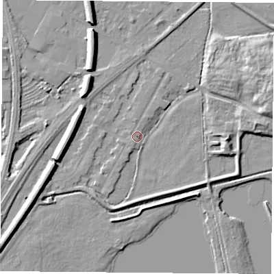 Shaded relief map of the ground around NG102FR, computed from Environment Agency LiDAR. The ground here sits at about 28 m above sea level and falls 10 m across the surrounding 800 m. Surface water reaching this point runs off ground lying to the west-north-west, 7.8 m higher.