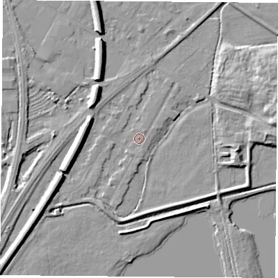 Shaded relief map of the ground around NG102FS, computed from Environment Agency LiDAR. The ground here sits at about 28 m above sea level and falls 9 m across the surrounding 800 m. Surface water reaching this point runs off ground lying to the north-north-east, 0.9 m higher.