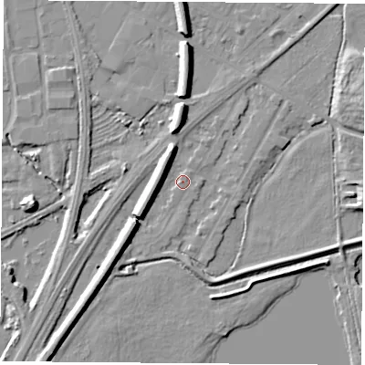 Shaded relief map of the ground around NG102FU, computed from Environment Agency LiDAR. The ground here sits at about 29 m above sea level and falls 9 m across the surrounding 800 m. Surface water reaching this point runs off ground lying to the north-north-west, 7.4 m higher.