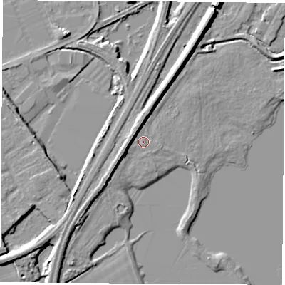 Shaded relief map of the ground around NG102FX, computed from Environment Agency LiDAR. The ground here sits at about 29 m above sea level and falls 8 m across the surrounding 800 m. Surface water reaching this point runs off ground lying to the west-north-west, 4.1 m higher.