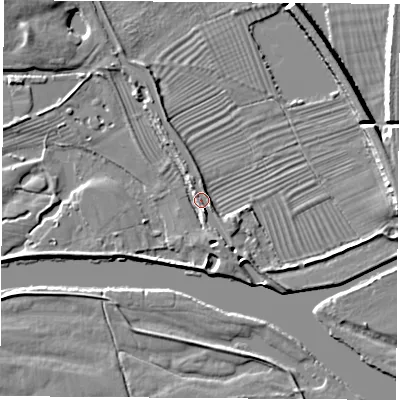 Shaded relief map of the ground around NG102FY, computed from Environment Agency LiDAR. The ground here sits at about 30 m above sea level and falls 6 m across the surrounding 800 m. Surface water reaching this point runs off ground lying to the south-south-east, 4.2 m higher.