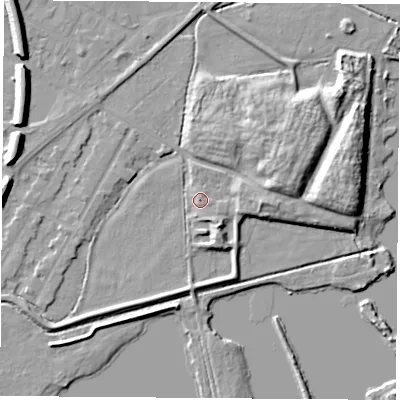 Shaded relief map of the ground around NG102FZ, computed from Environment Agency LiDAR. The ground here sits at about 29 m above sea level and falls 10 m across the surrounding 800 m. Surface water reaching this point runs off ground lying to the east, 4.8 m higher.