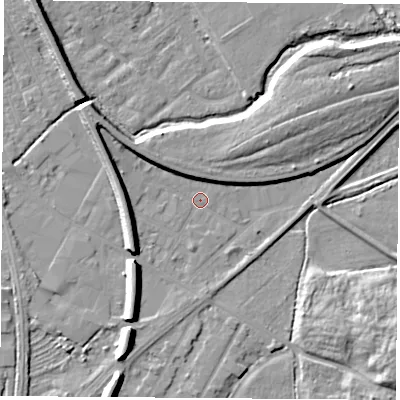 Shaded relief map of the ground around NG102GA, computed from Environment Agency LiDAR. The ground here sits at about 28 m above sea level and falls 9 m across the surrounding 800 m. Surface water reaching this point runs off ground lying to the south-south-west, 7.7 m higher.