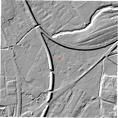 Shaded relief map of the ground around NG102GB, computed from Environment Agency LiDAR. The ground here sits at about 28 m above sea level and falls 8 m across the surrounding 800 m. Surface water reaching this point runs off ground lying to the west-south-west, 6.2 m higher.