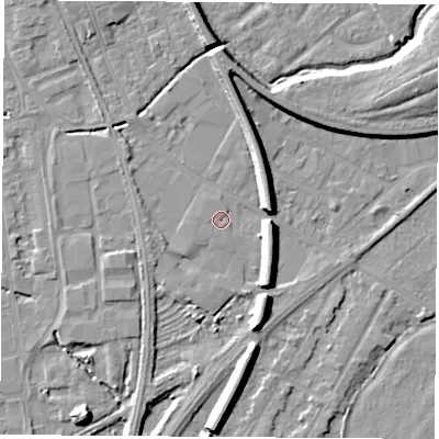 Shaded relief map of the ground around NG102GD, computed from Environment Agency LiDAR. The ground here sits at about 29 m above sea level and falls 8 m across the surrounding 800 m. Surface water reaching this point runs off ground lying to the west, 0.8 m higher.
