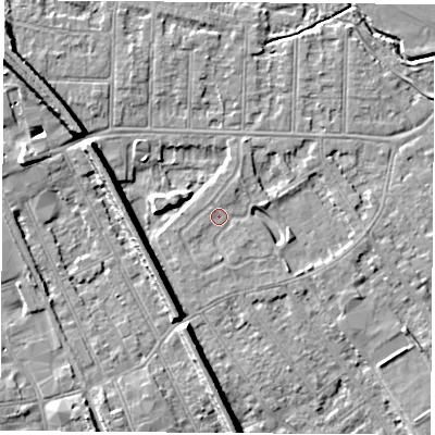Shaded relief map of the ground around NG102GG, computed from Environment Agency LiDAR. The ground here sits at about 30 m above sea level and falls 9 m across the surrounding 800 m. Surface water reaching this point runs off ground lying to the south, 1.1 m higher.