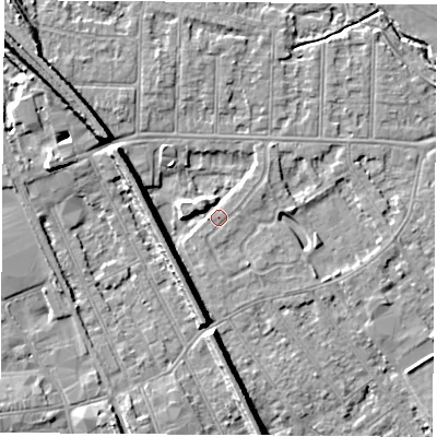 Shaded relief map of the ground around NG102GH, computed from Environment Agency LiDAR. The ground here sits at about 30 m above sea level and falls 10 m across the surrounding 800 m. Surface water reaching this point runs off ground lying to the west-north-west, 8.6 m higher.