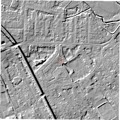 Shaded relief map of the ground around NG102GJ, computed from Environment Agency LiDAR. The ground here sits at about 30 m above sea level and falls 9 m across the surrounding 800 m. Surface water reaching this point runs off ground lying to the north-north-west, 0.9 m higher.