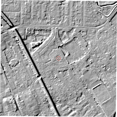 Shaded relief map of the ground around NG102GL, computed from Environment Agency LiDAR. The ground here sits at about 30 m above sea level and falls 9 m across the surrounding 800 m. Surface water reaching this point runs off ground lying to the west-south-west, 0.6 m higher.