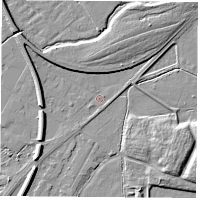 Shaded relief map of the ground around NG102GN, computed from Environment Agency LiDAR. The ground here sits at about 28 m above sea level and falls 9 m across the surrounding 800 m. Surface water reaching this point runs off ground lying to the east-north-east, 2.0 m higher.