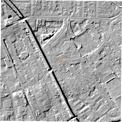 Shaded relief map of the ground around NG102GP, computed from Environment Agency LiDAR. The ground here sits at about 30 m above sea level and falls 9 m across the surrounding 800 m. Surface water reaching this point runs off ground lying to the north, 0.8 m higher.
