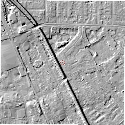 Shaded relief map of the ground around NG102GQ, computed from Environment Agency LiDAR. The ground here sits at about 30 m above sea level and falls 9 m across the surrounding 800 m. Surface water reaching this point runs off ground lying to the north-west, 8.6 m higher.