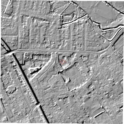 Shaded relief map of the ground around NG102GS, computed from Environment Agency LiDAR. The ground here sits at about 29 m above sea level and falls 9 m across the surrounding 800 m. Surface water reaching this point runs off ground lying to the north-west, 1.6 m higher.