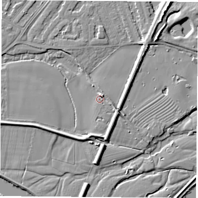 Shaded relief map of the ground around NG103AA, computed from Environment Agency LiDAR. The ground here sits at about 30 m above sea level and falls 7 m across the surrounding 800 m. Surface water reaching this point runs off ground lying to the east-south-east, 1.3 m higher.