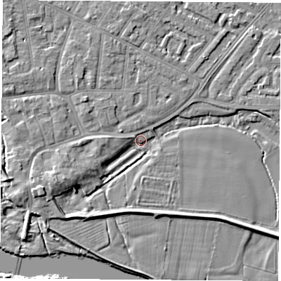 Shaded relief map of the ground around NG103AB, computed from Environment Agency LiDAR. The ground here sits at about 30 m above sea level and falls 6 m across the surrounding 800 m. Surface water reaching this point runs off ground lying to the west-south-west, 4.9 m higher.