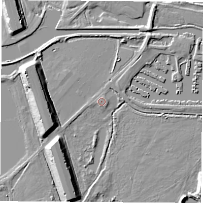 Shaded relief map of the ground around NG103AD, computed from Environment Agency LiDAR. The ground here sits at about 31 m above sea level and falls 13 m across the surrounding 800 m. Surface water reaching this point runs off ground lying to the west-south-west, 0.7 m higher.