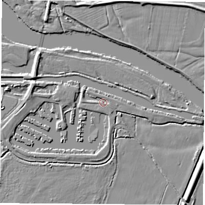 Shaded relief map of the ground around NG103AE, computed from Environment Agency LiDAR. The ground here sits at about 30 m above sea level and falls 6 m across the surrounding 800 m. Surface water reaching this point runs off ground lying to the west, 1.3 m higher.