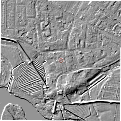 Shaded relief map of the ground around NG103AG, computed from Environment Agency LiDAR. The ground here sits at about 31 m above sea level and falls 6 m across the surrounding 800 m. Surface water reaching this point runs off ground lying to the north-west, 0.7 m higher.