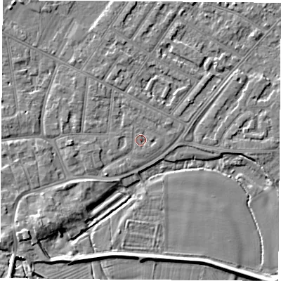 Shaded relief map of the ground around NG103AH, computed from Environment Agency LiDAR. The ground here sits at about 31 m above sea level and falls 5 m across the surrounding 800 m. Surface water reaching this point runs off ground lying to the west, 1.7 m higher.