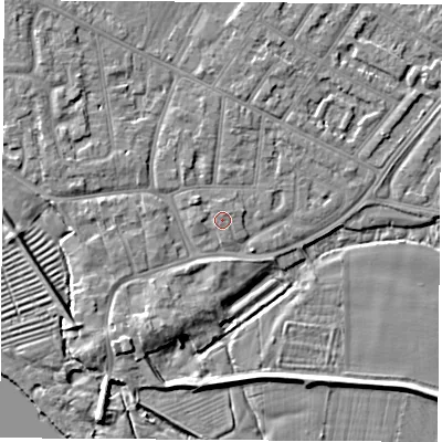 Shaded relief map of the ground around NG103AJ, computed from Environment Agency LiDAR. The ground here sits at about 31 m above sea level and falls 5 m across the surrounding 800 m. Surface water reaching this point runs off ground lying to the north-west, 1.2 m higher.