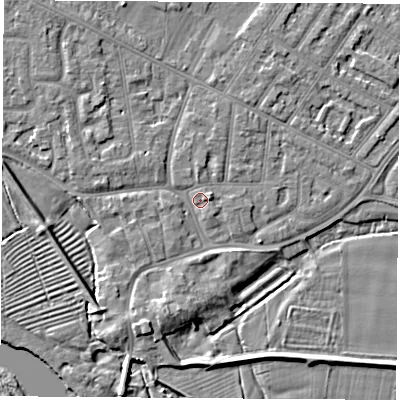 Shaded relief map of the ground around NG103AL, computed from Environment Agency LiDAR. The ground here sits at about 31 m above sea level and falls 5 m across the surrounding 800 m. Surface water reaching this point runs off ground lying to the north-west, 2.0 m higher.