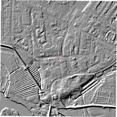Shaded relief map of the ground around NG103AN, computed from Environment Agency LiDAR. The ground here sits at about 31 m above sea level and falls 5 m across the surrounding 800 m. Surface water reaching this point runs off ground lying to the west-south-west, 3.7 m higher.