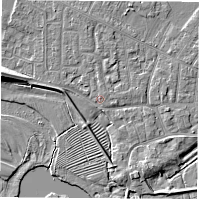 Shaded relief map of the ground around NG103AP, computed from Environment Agency LiDAR. The ground here sits at about 32 m above sea level and falls 10 m across the surrounding 800 m. Surface water reaching this point runs off ground lying to the west-north-west, 9.5 m higher.