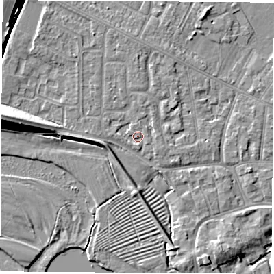 Shaded relief map of the ground around NG103AQ, computed from Environment Agency LiDAR. The ground here sits at about 32 m above sea level and falls 12 m across the surrounding 800 m. Surface water reaching this point runs off ground lying to the west, 9.7 m higher.