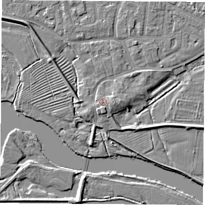 Shaded relief map of the ground around NG103AR, computed from Environment Agency LiDAR. The ground here sits at about 32 m above sea level and falls 6 m across the surrounding 800 m. Surface water reaching this point runs off ground lying to the south, 1.8 m higher.