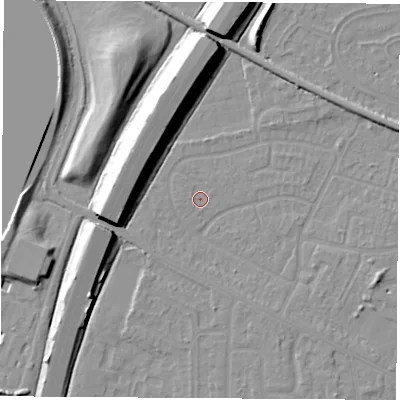 Shaded relief map of the ground around NG103AS, computed from Environment Agency LiDAR. The ground here sits at about 31 m above sea level and falls 11 m across the surrounding 800 m. Surface water reaching this point runs off ground lying to the west, 0.7 m higher.