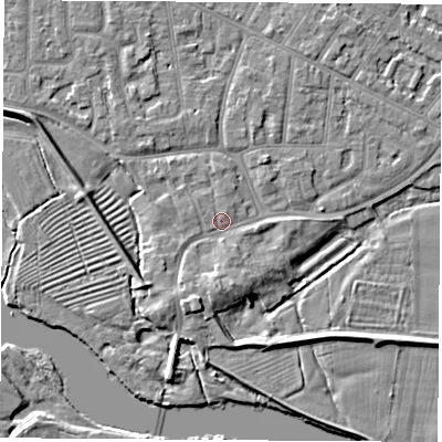 Shaded relief map of the ground around NG103AT, computed from Environment Agency LiDAR. The ground here sits at about 31 m above sea level and falls 6 m across the surrounding 800 m. Surface water reaching this point runs off ground lying to the south-south-west, 2.6 m higher.
