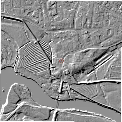 Shaded relief map of the ground around NG103AU, computed from Environment Agency LiDAR. The ground here sits at about 31 m above sea level and falls 6 m across the surrounding 800 m. Surface water reaching this point runs off ground lying to the south-south-east, 1.5 m higher.