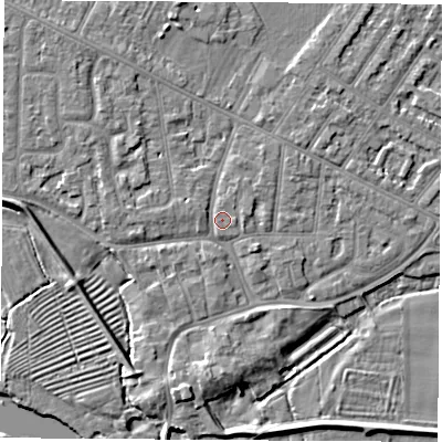 Shaded relief map of the ground around NG103AY, computed from Environment Agency LiDAR. The ground here sits at about 31 m above sea level and falls 5 m across the surrounding 800 m. Surface water reaching this point runs off ground lying to the north-west, 1.9 m higher.
