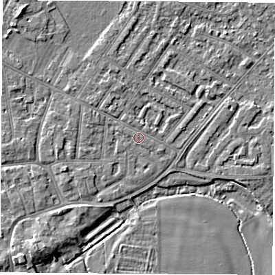 Shaded relief map of the ground around NG103BA, computed from Environment Agency LiDAR. The ground here sits at about 31 m above sea level and falls 5 m across the surrounding 800 m. Surface water reaching this point runs off ground lying to the north-north-west, 1.1 m higher.