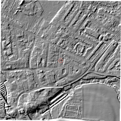 Shaded relief map of the ground around NG103BD, computed from Environment Agency LiDAR. The ground here sits at about 31 m above sea level and falls 5 m across the surrounding 800 m. Surface water reaching this point runs off ground lying to the west-south-west, 1.6 m higher.