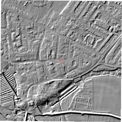 Shaded relief map of the ground around NG103BE, computed from Environment Agency LiDAR. The ground here sits at about 31 m above sea level and falls 5 m across the surrounding 800 m. Surface water reaching this point runs off ground lying to the west-south-west, 1.3 m higher.