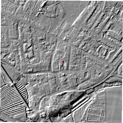 Shaded relief map of the ground around NG103BG, computed from Environment Agency LiDAR. The ground here sits at about 31 m above sea level and falls 5 m across the surrounding 800 m. The ground contributing surface water to this point lies to the south-south-east.