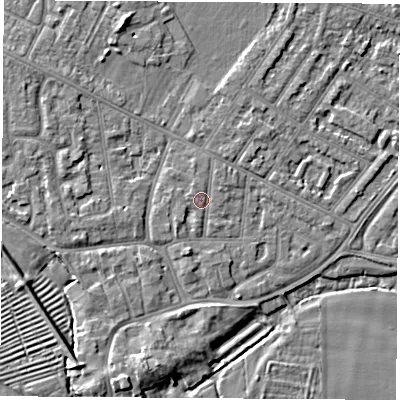 Shaded relief map of the ground around NG103BH, computed from Environment Agency LiDAR. The ground here sits at about 31 m above sea level and falls 5 m across the surrounding 800 m. Surface water reaching this point runs off ground lying to the west, 0.7 m higher.