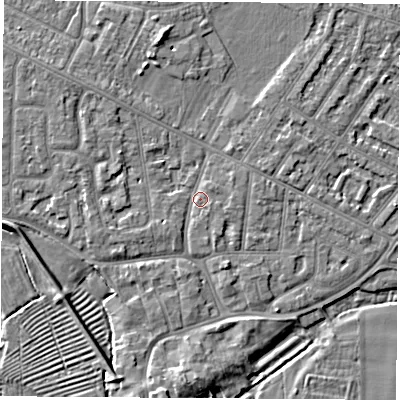 Shaded relief map of the ground around NG103BJ, computed from Environment Agency LiDAR. The ground here sits at about 31 m above sea level and falls 5 m across the surrounding 800 m. Surface water reaching this point runs off ground lying to the north-west, 1.9 m higher.