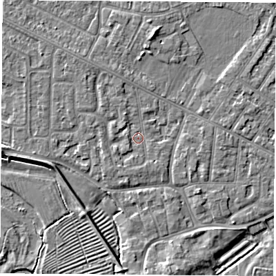 Shaded relief map of the ground around NG103BN, computed from Environment Agency LiDAR. The ground here sits at about 31 m above sea level and falls 5 m across the surrounding 800 m. Surface water reaching this point runs off ground lying to the north-west, 1.9 m higher.