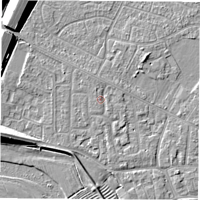 Shaded relief map of the ground around NG103BP, computed from Environment Agency LiDAR. The ground here sits at about 32 m above sea level and falls 11 m across the surrounding 800 m. Surface water reaching this point runs off ground lying to the north-north-west, 1.1 m higher.