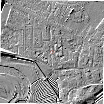 Shaded relief map of the ground around NG103BQ, computed from Environment Agency LiDAR. The ground here sits at about 32 m above sea level and falls 10 m across the surrounding 800 m. Surface water reaching this point runs off ground lying to the north-north-west, 1.3 m higher.