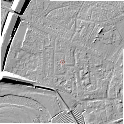 Shaded relief map of the ground around NG103BS, computed from Environment Agency LiDAR. The ground here sits at about 32 m above sea level and falls 12 m across the surrounding 800 m. Surface water reaching this point runs off ground lying to the north, 0.7 m higher.