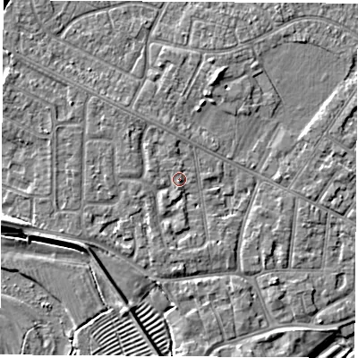 Shaded relief map of the ground around NG103BT, computed from Environment Agency LiDAR. The ground here sits at about 31 m above sea level and falls 6 m across the surrounding 800 m. Surface water reaching this point runs off ground lying to the west-north-west, 0.7 m higher.