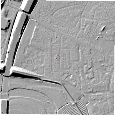 Shaded relief map of the ground around NG103BU, computed from Environment Agency LiDAR. The ground here sits at about 32 m above sea level and falls 12 m across the surrounding 800 m. Surface water reaching this point runs off ground lying to the west-south-west, 10.1 m higher.