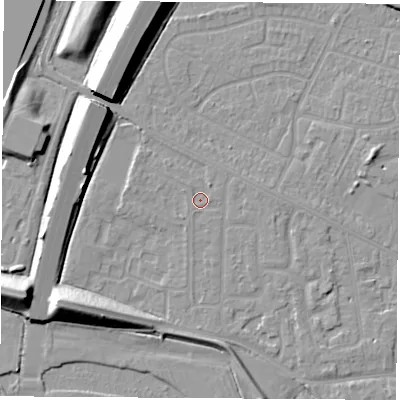 Shaded relief map of the ground around NG103BW, computed from Environment Agency LiDAR. The ground here sits at about 31 m above sea level and falls 12 m across the surrounding 800 m. Surface water reaching this point runs off ground lying to the south-west, 10.1 m higher.