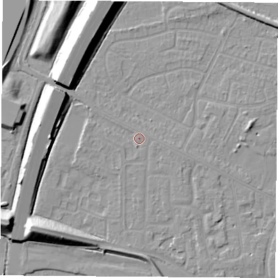 Shaded relief map of the ground around NG103BX, computed from Environment Agency LiDAR. The ground here sits at about 32 m above sea level and falls 12 m across the surrounding 800 m. Surface water reaching this point runs off ground lying to the south-west, 10.1 m higher.