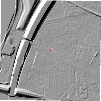 Shaded relief map of the ground around NG103BY, computed from Environment Agency LiDAR. The ground here sits at about 32 m above sea level and falls 11 m across the surrounding 800 m. Surface water reaching this point runs off ground lying to the south-south-west, 0.6 m higher.